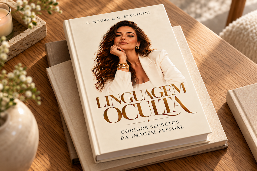Livro Linguagem Oculta: Códigos Secretos da Imagem Pessoal, de G. Moura & G. Stuginski, sobre uma mesa de carvalho